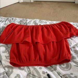 red off the shoulder shirt